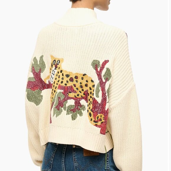 BEST STAUD Cropped Hampton Sweater Jungle Leopard Embroidered Knit - Picture 3 of 9